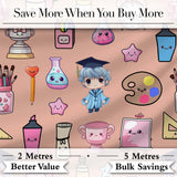 Cute Kawaii Graduate Boy Science Art Supplies Seamless Pattern Peach Background Digital Print Fabric by the Metre UK Sewing Quilting Textile