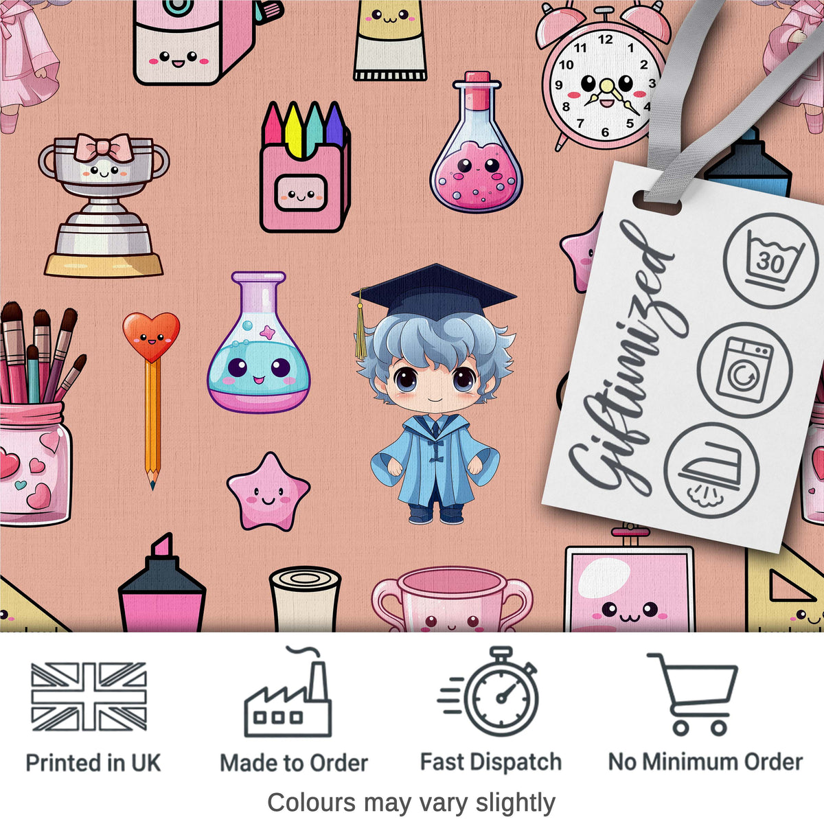 Cute Kawaii Graduate Boy Science Art Supplies Seamless Pattern Peach Background Digital Print Fabric by the Metre UK Sewing Quilting Textile