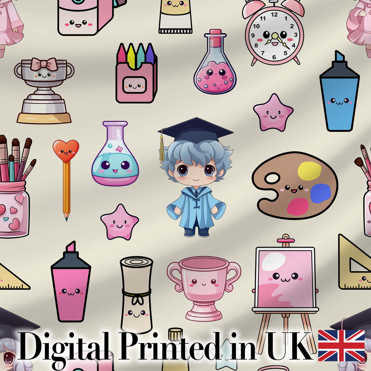 Cute Kawaii Graduate Boy Science Art Supplies Seamless Pattern Cream Background Digital Print Fabric by the Metre UK Sewing Quilting Textile