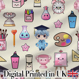 Cute Kawaii Graduate Boy Science Art Supplies Seamless Pattern Cream Background Digital Print Fabric by the Metre UK Sewing Quilting Textile