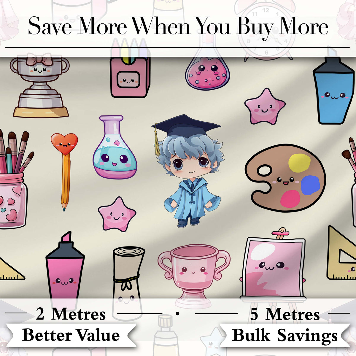 Cute Kawaii Graduate Boy Science Art Supplies Seamless Pattern Cream Background Digital Print Fabric by the Metre UK Sewing Quilting Textile