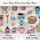 Cute Kawaii Graduate Boy Science Art Supplies Seamless Pattern Cream Background Digital Print Fabric by the Metre UK Sewing Quilting Textile