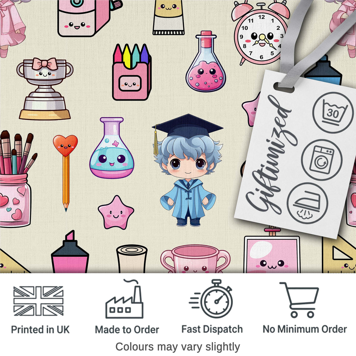 Cute Kawaii Graduate Boy Science Art Supplies Seamless Pattern Cream Background Digital Print Fabric by the Metre UK Sewing Quilting Textile