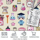 Cute Kawaii Graduate Boy Science Art Supplies Seamless Pattern Cream Background Digital Print Fabric by the Metre UK Sewing Quilting Textile