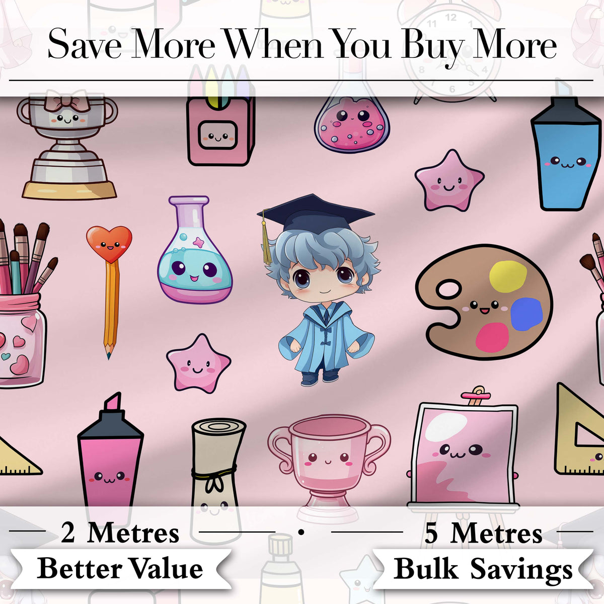 Cute Kawaii Graduate Boy Science Art Supplies Seamless Pattern Pink Background Digital Print Fabric by the Metre UK Sewing Quilting Textile