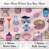 Cute Kawaii Graduate Boy Science Art Supplies Seamless Pattern Pink Background Digital Print Fabric by the Metre UK Sewing Quilting Textile