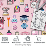 Cute Kawaii Graduate Boy Science Art Supplies Seamless Pattern Pink Background Digital Print Fabric by the Metre UK Sewing Quilting Textile