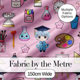 Cute Kawaii Graduation School Science Art Supplies  Pattern Pink Background Digital Print Fabric by the Metre UK Sewing Quilting Textile