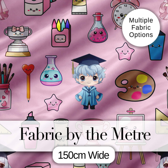 Cute Kawaii Graduation School Science Art Supplies  Pattern Pink Background Digital Print Fabric by the Metre UK Sewing Quilting Textile