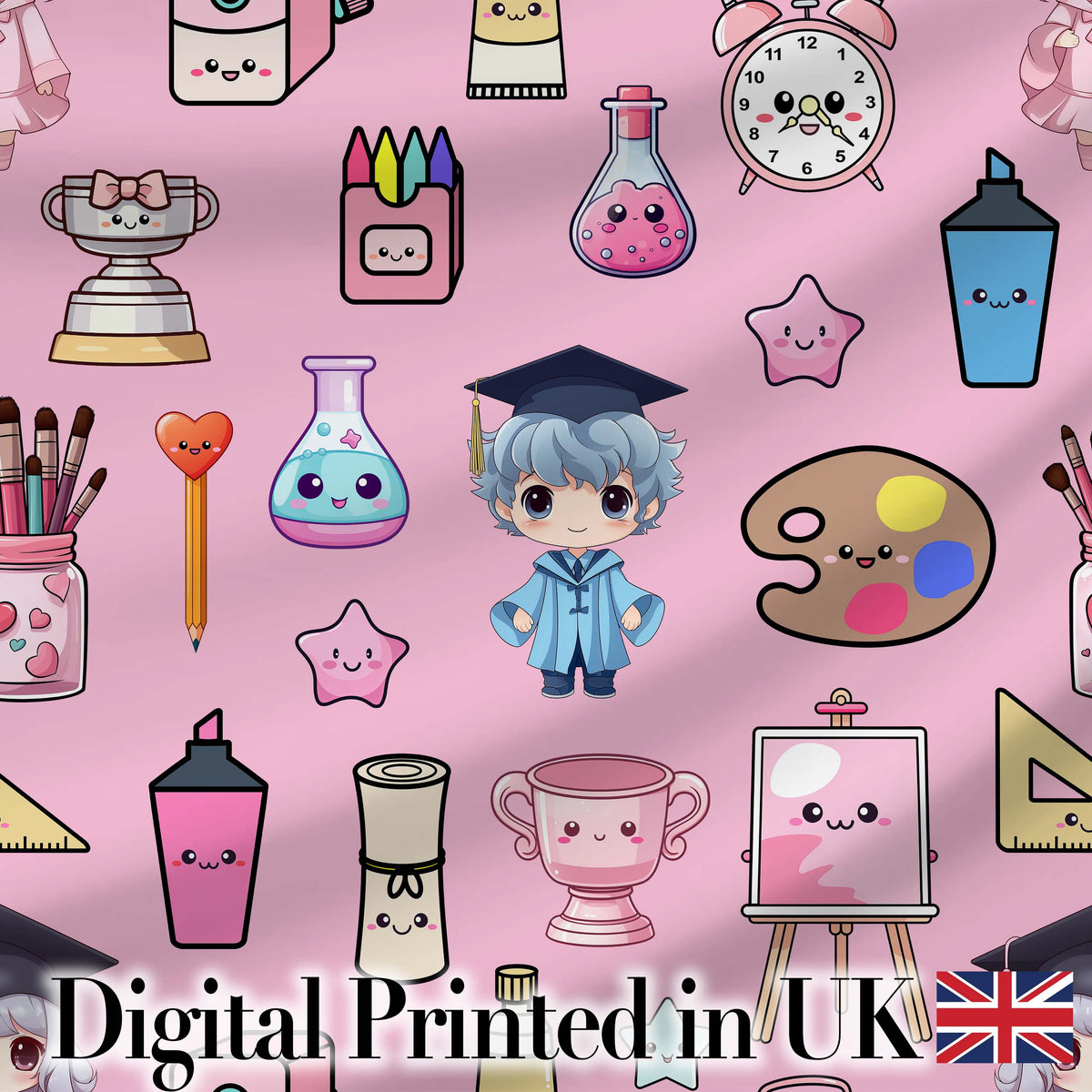 Cute Kawaii Graduation School Science Art Supplies  Pattern Pink Background Digital Print Fabric by the Metre UK Sewing Quilting Textile