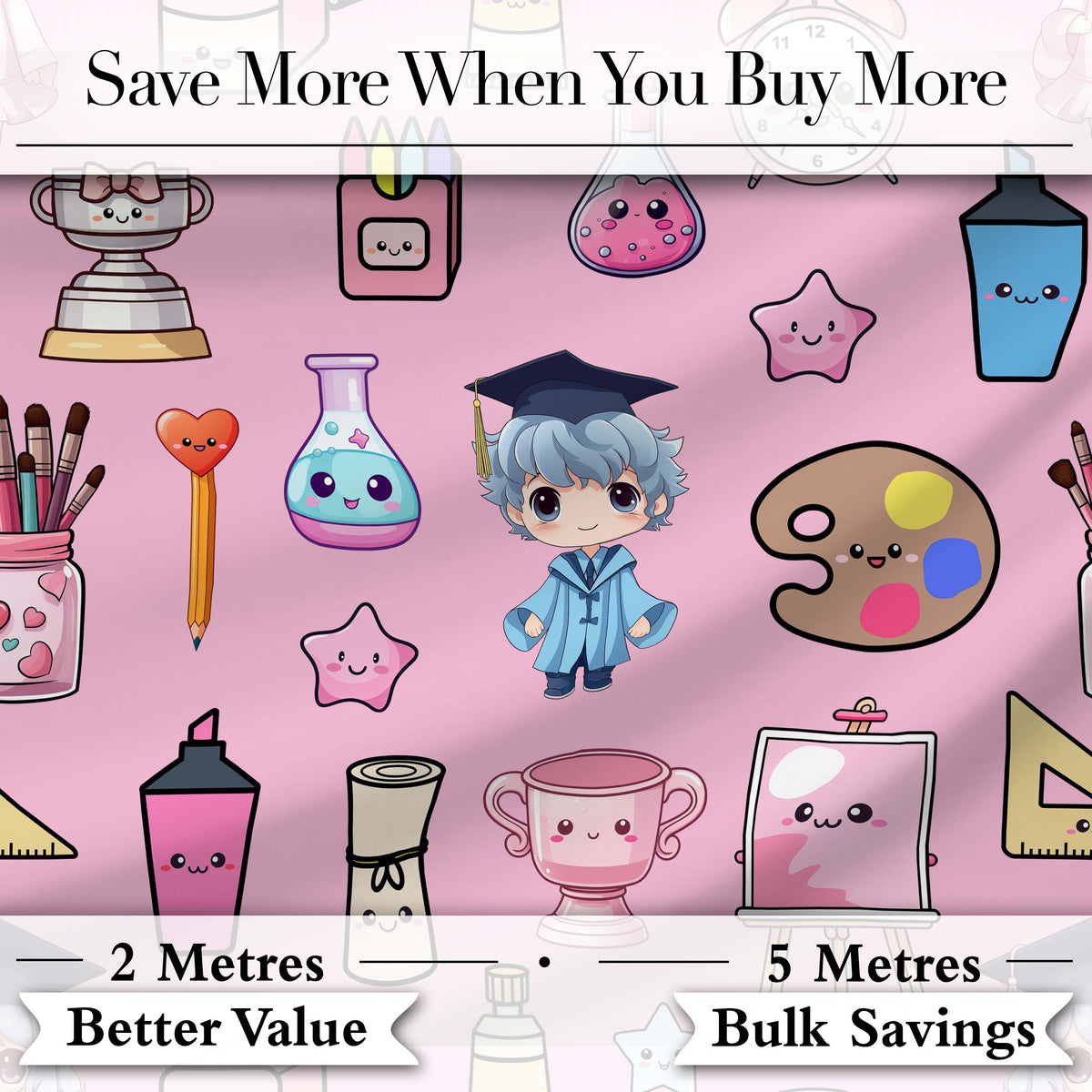 Cute Kawaii Graduation School Science Art Supplies  Pattern Pink Background Digital Print Fabric by the Metre UK Sewing Quilting Textile