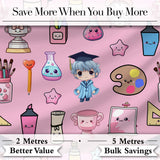 Cute Kawaii Graduation School Science Art Supplies  Pattern Pink Background Digital Print Fabric by the Metre UK Sewing Quilting Textile