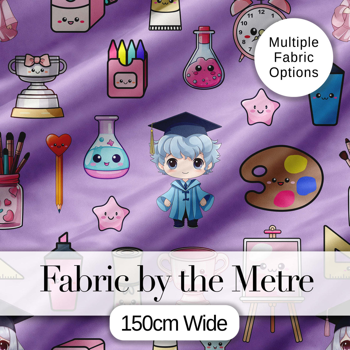 Cute Kawaii Graduation School Science Art Supplies  Pattern Purple Background Digital Print Fabric by the Metre UK Sewing Quilting Textile