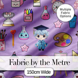 Cute Kawaii Graduation School Science Art Supplies  Pattern Purple Background Digital Print Fabric by the Metre UK Sewing Quilting Textile