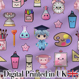Cute Kawaii Graduation School Science Art Supplies  Pattern Purple Background Digital Print Fabric by the Metre UK Sewing Quilting Textile