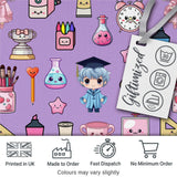 Cute Kawaii Graduation School Science Art Supplies  Pattern Purple Background Digital Print Fabric by the Metre UK Sewing Quilting Textile