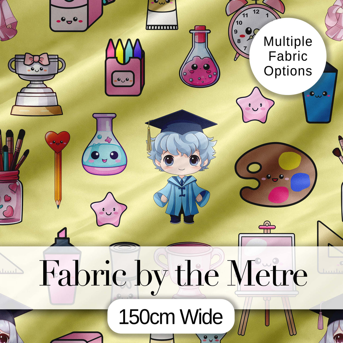 Cute Kawaii Graduation School Science Art Supplies  Pattern Yellow Background Digital Print Fabric by the Metre UK Sewing Quilting Textile