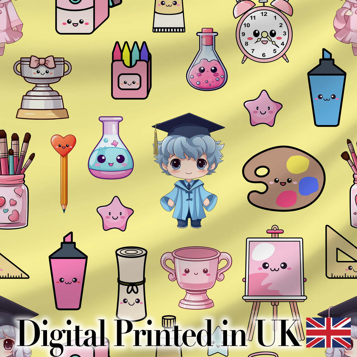 Cute Kawaii Graduation School Science Art Supplies  Pattern Yellow Background Digital Print Fabric by the Metre UK Sewing Quilting Textile