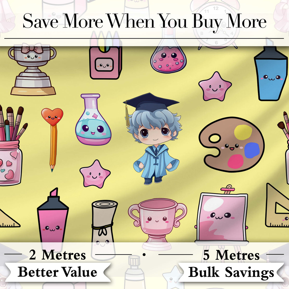 Cute Kawaii Graduation School Science Art Supplies  Pattern Yellow Background Digital Print Fabric by the Metre UK Sewing Quilting Textile