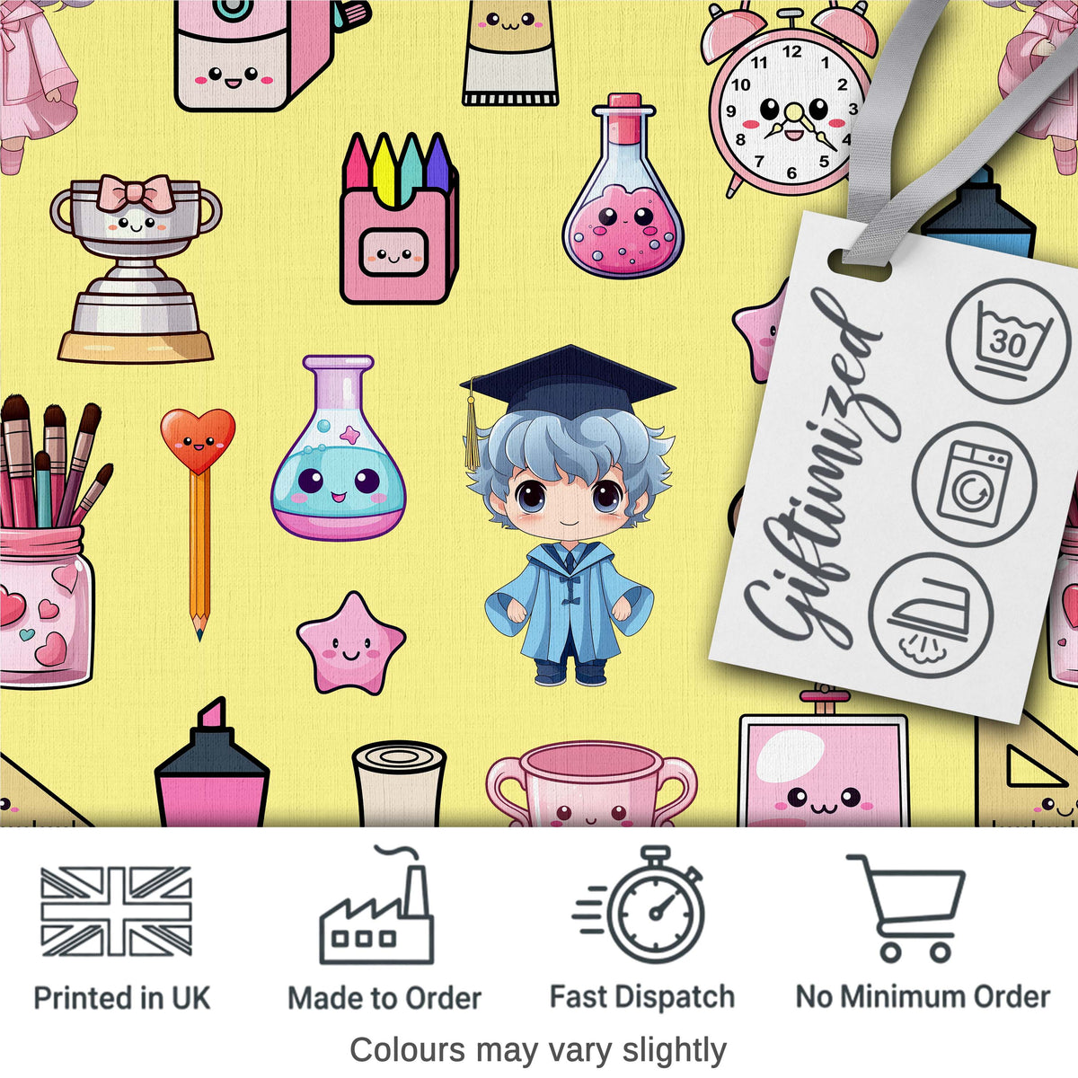 Cute Kawaii Graduation School Science Art Supplies  Pattern Yellow Background Digital Print Fabric by the Metre UK Sewing Quilting Textile