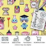 Cute Kawaii Graduation School Science Art Supplies  Pattern Yellow Background Digital Print Fabric by the Metre UK Sewing Quilting Textile