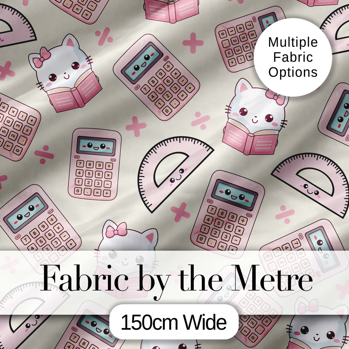 Cute Kawaii Maths Cat Calculator Ruler Seamless Pattern Cream Background Digital Print Fabric by the Metre UK Sewing Quilting Textile