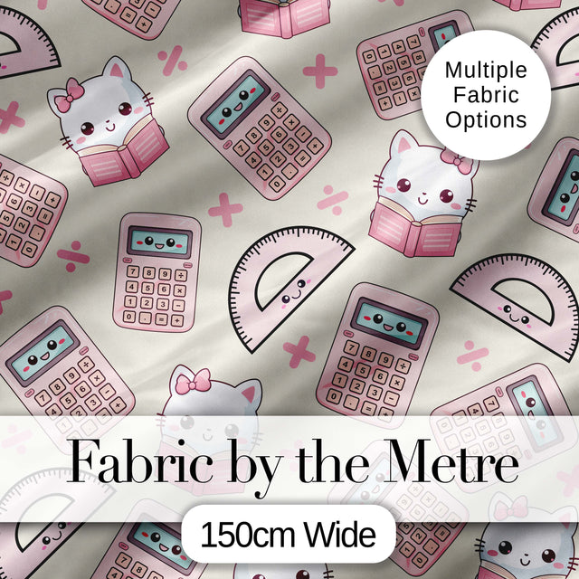 Cute Kawaii Maths Cat Calculator Ruler Seamless Pattern Cream Background Digital Print Fabric by the Metre UK Sewing Quilting Textile