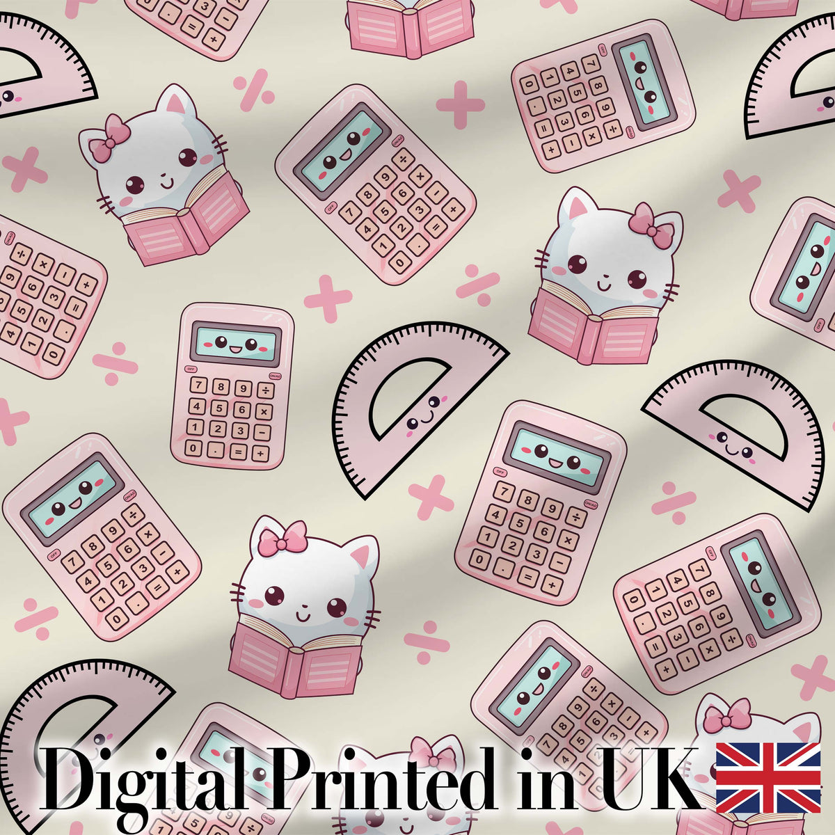 Cute Kawaii Maths Cat Calculator Ruler Seamless Pattern Cream Background Digital Print Fabric by the Metre UK Sewing Quilting Textile