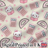 Cute Kawaii Maths Cat Calculator Ruler Seamless Pattern Cream Background Digital Print Fabric by the Metre UK Sewing Quilting Textile