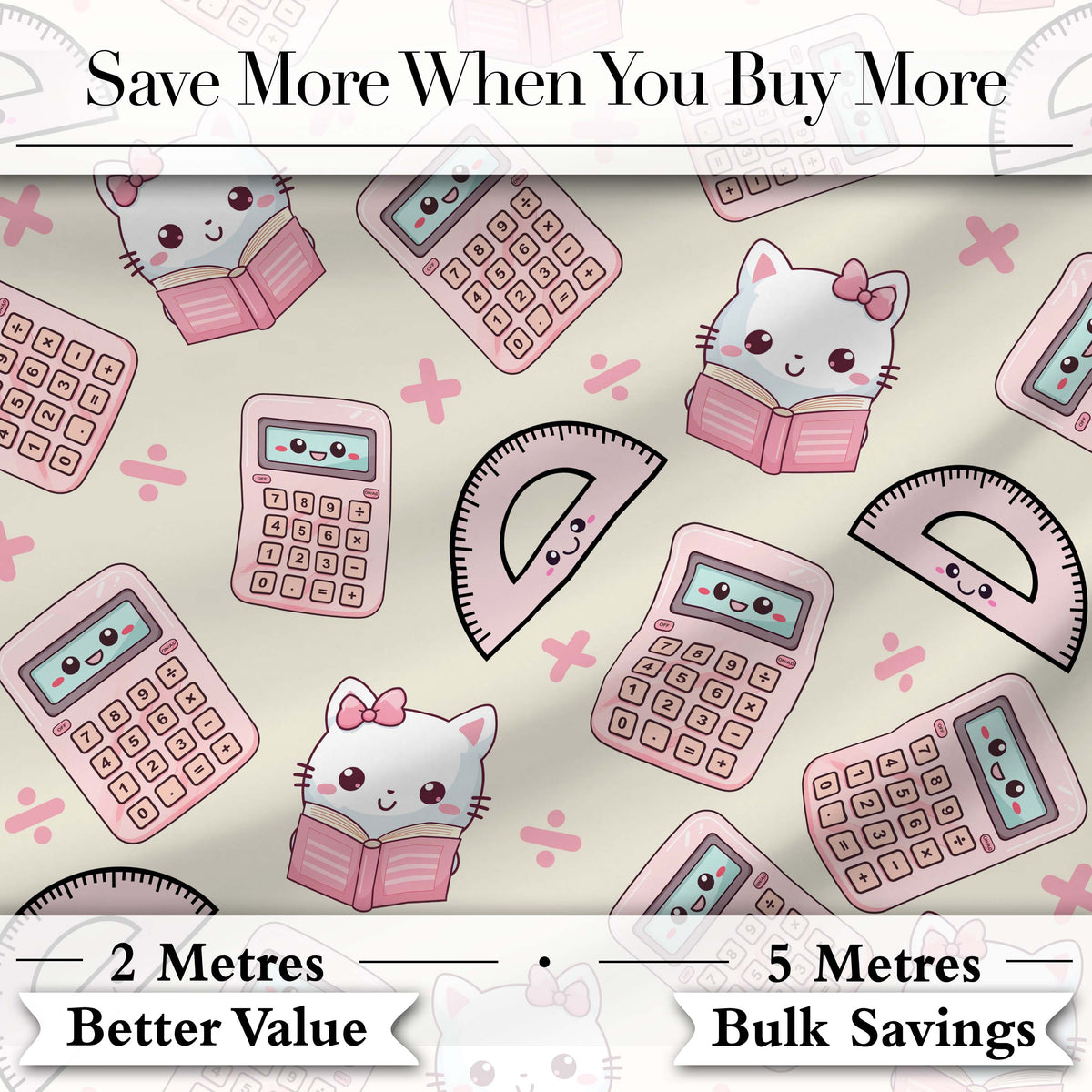 Cute Kawaii Maths Cat Calculator Ruler Seamless Pattern Cream Background Digital Print Fabric by the Metre UK Sewing Quilting Textile