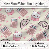Cute Kawaii Maths Cat Calculator Ruler Seamless Pattern Cream Background Digital Print Fabric by the Metre UK Sewing Quilting Textile