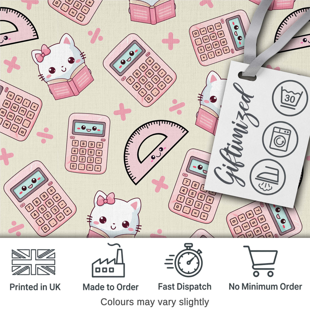 Cute Kawaii Maths Cat Calculator Ruler Seamless Pattern Cream Background Digital Print Fabric by the Metre UK Sewing Quilting Textile