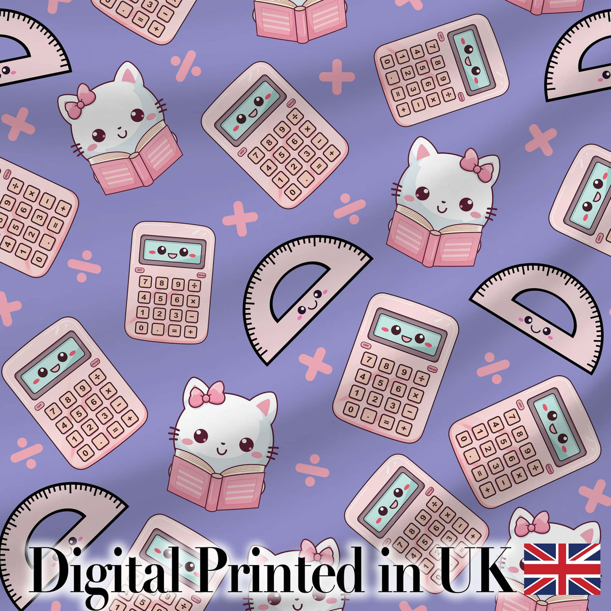 Cute Kawaii Maths Cat Calculator Ruler Seamless Pattern Purple Background Digital Print Fabric by the Metre UK Sewing Quilting Textile