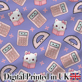 Cute Kawaii Maths Cat Calculator Ruler Seamless Pattern Purple Background Digital Print Fabric by the Metre UK Sewing Quilting Textile
