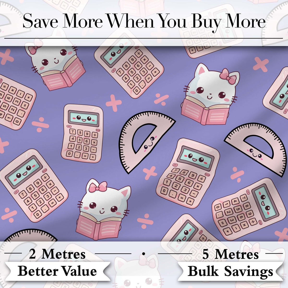 Cute Kawaii Maths Cat Calculator Ruler Seamless Pattern Purple Background Digital Print Fabric by the Metre UK Sewing Quilting Textile