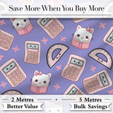 Cute Kawaii Maths Cat Calculator Ruler Seamless Pattern Purple Background Digital Print Fabric by the Metre UK Sewing Quilting Textile