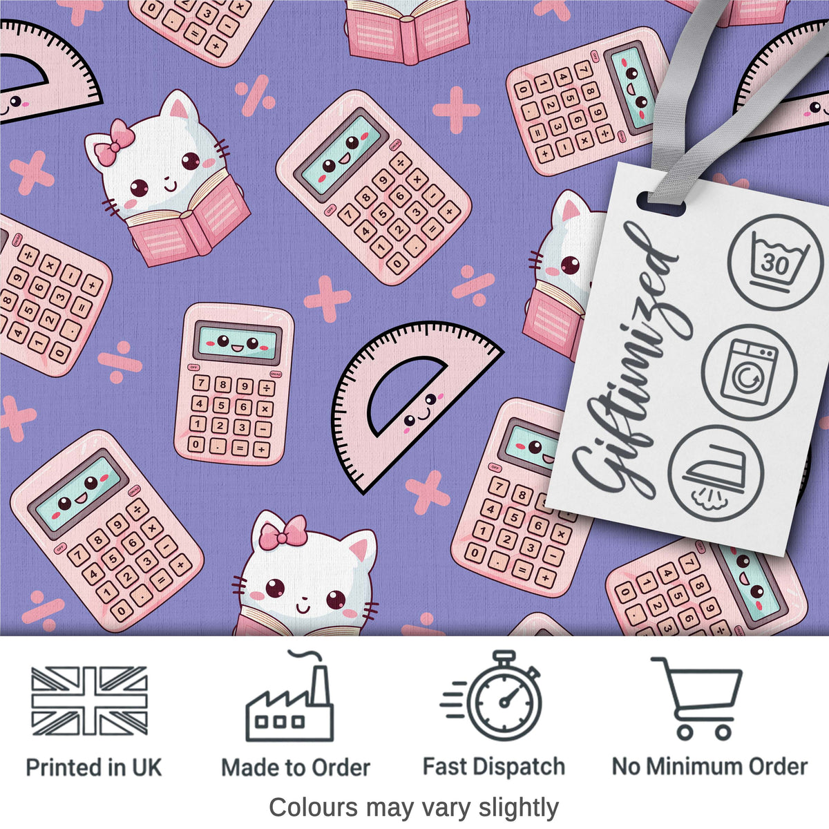Cute Kawaii Maths Cat Calculator Ruler Seamless Pattern Purple Background Digital Print Fabric by the Metre UK Sewing Quilting Textile