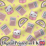 Cute Kawaii Maths Cat Calculator Ruler Seamless Pattern Yellow Background Digital Print Fabric by the Metre UK Sewing Quilting Textile