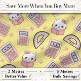 Cute Kawaii Maths Cat Calculator Ruler Seamless Pattern Yellow Background Digital Print Fabric by the Metre UK Sewing Quilting Textile