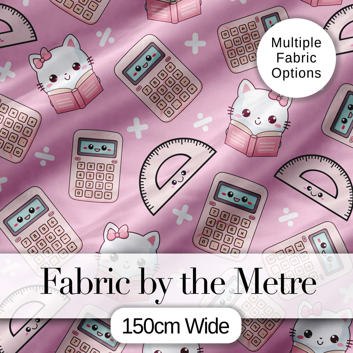Cute Kawaii Maths Cat Calculator Ruler Seamless Pattern Pink Background Digital Print Fabric by the Metre UK Sewing Quilting Textile