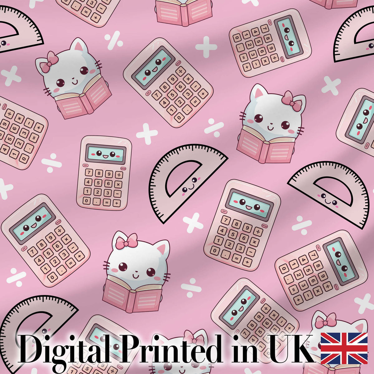 Cute Kawaii Maths Cat Calculator Ruler Seamless Pattern Pink Background Digital Print Fabric by the Metre UK Sewing Quilting Textile