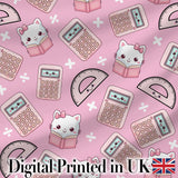 Cute Kawaii Maths Cat Calculator Ruler Seamless Pattern Pink Background Digital Print Fabric by the Metre UK Sewing Quilting Textile
