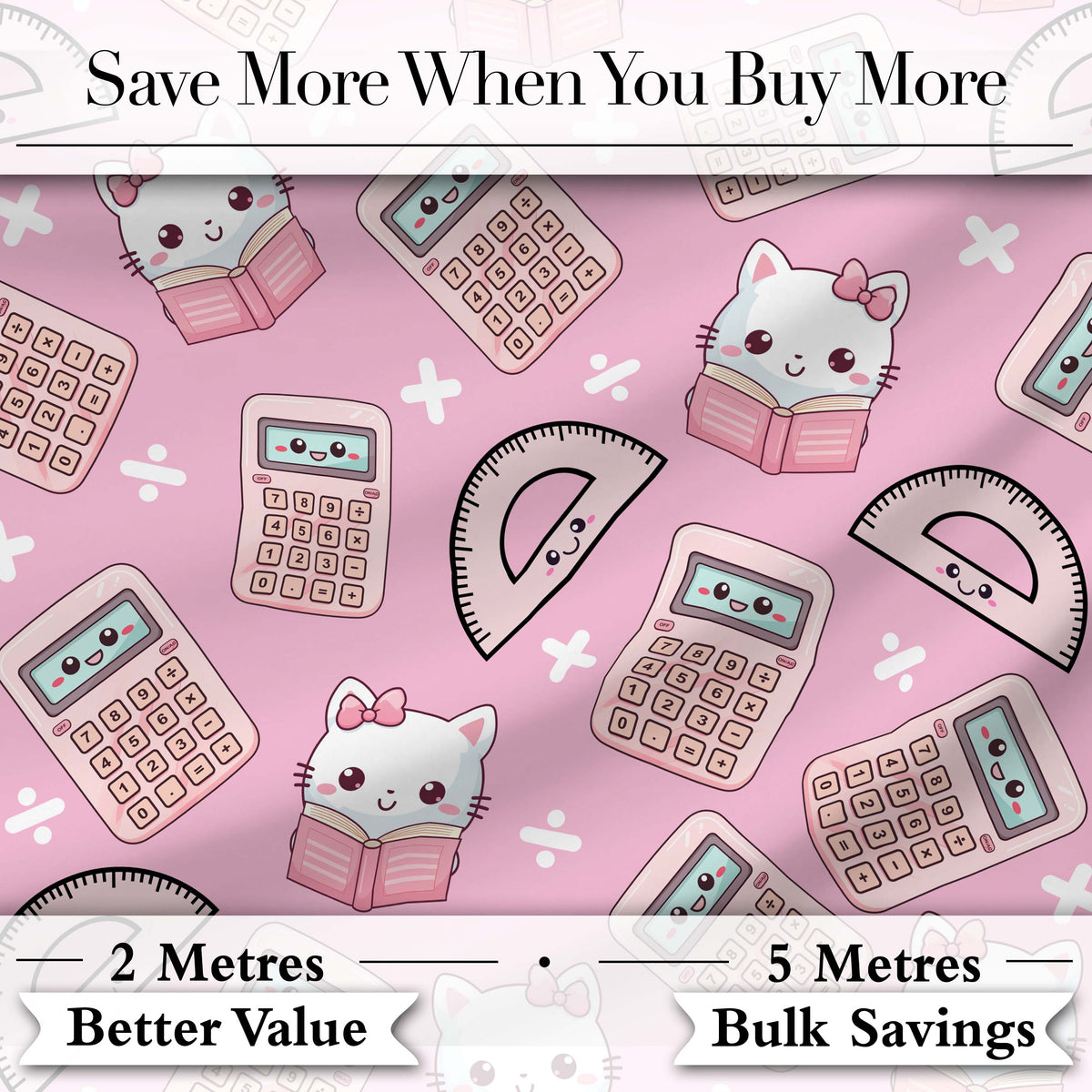 Cute Kawaii Maths Cat Calculator Ruler Seamless Pattern Pink Background Digital Print Fabric by the Metre UK Sewing Quilting Textile