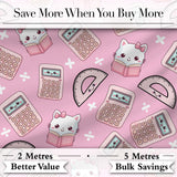 Cute Kawaii Maths Cat Calculator Ruler Seamless Pattern Pink Background Digital Print Fabric by the Metre UK Sewing Quilting Textile