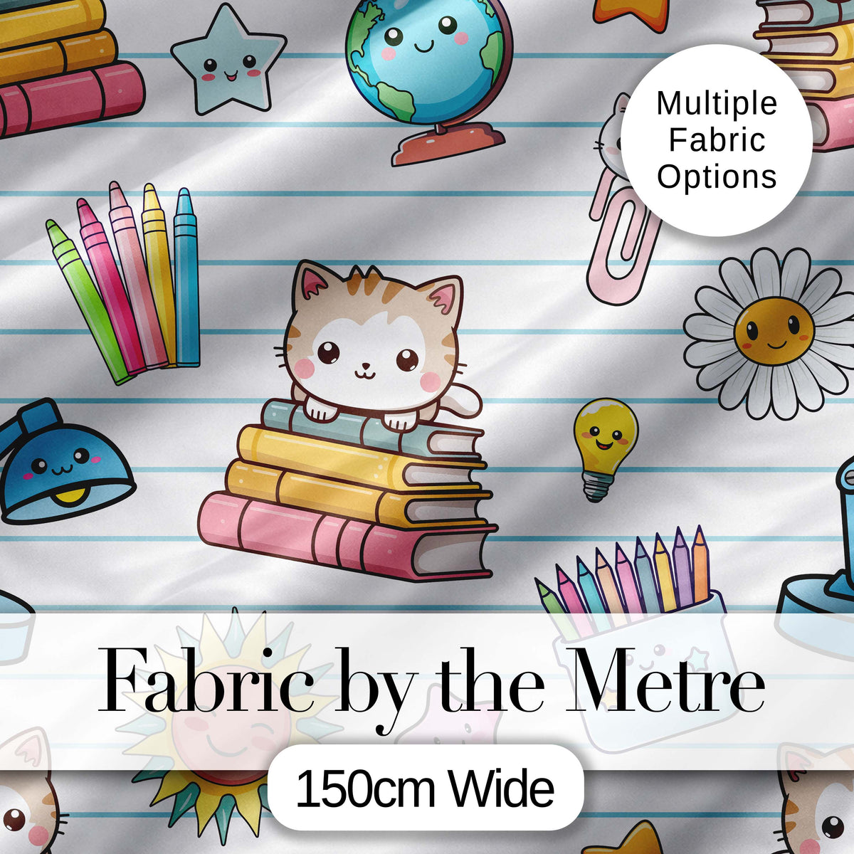Cute Kawaii School Cat Books Stationery Seamless Pattern Blue Lines Background Digital Print Fabric by the Metre UK Sewing Quilting Textile