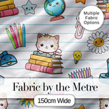 Cute Kawaii School Cat Books Stationery Seamless Pattern Blue Lines Background Digital Print Fabric by the Metre UK Sewing Quilting Textile