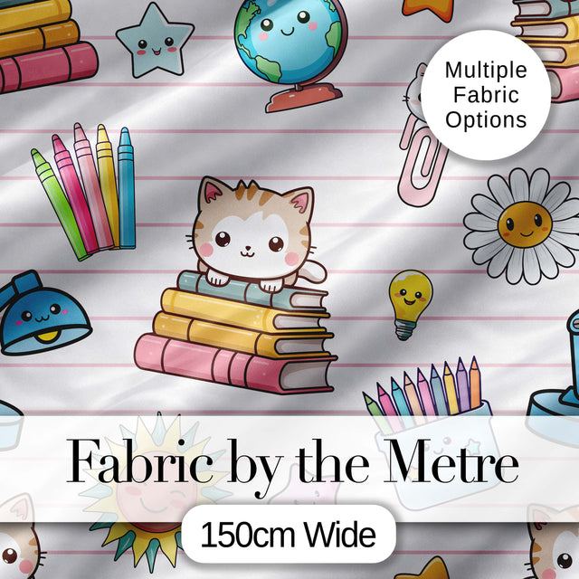 Cute Kawaii School Cat Books Stationery Seamless Pattern Pink Lines Background Digital Print Fabric by the Metre UK Sewing Quilting Textile