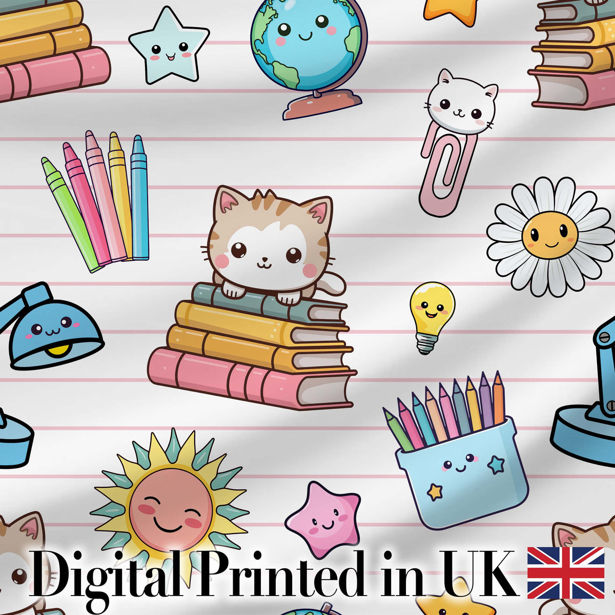 Cute Kawaii School Cat Books Stationery Seamless Pattern Pink Lines Background Digital Print Fabric by the Metre UK Sewing Quilting Textile