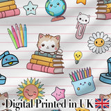 Cute Kawaii School Cat Books Stationery Seamless Pattern Pink Lines Background Digital Print Fabric by the Metre UK Sewing Quilting Textile