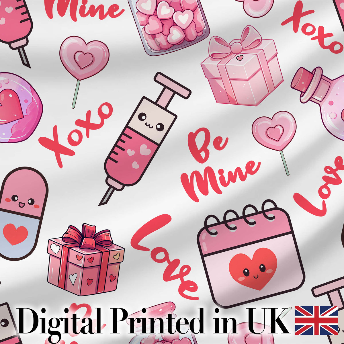 Cute Kawaii Valentine Love Hearts Gifts Seamless Pattern White Background Digital Print Fabric by the Metre UK Sewing Quilting Textile
